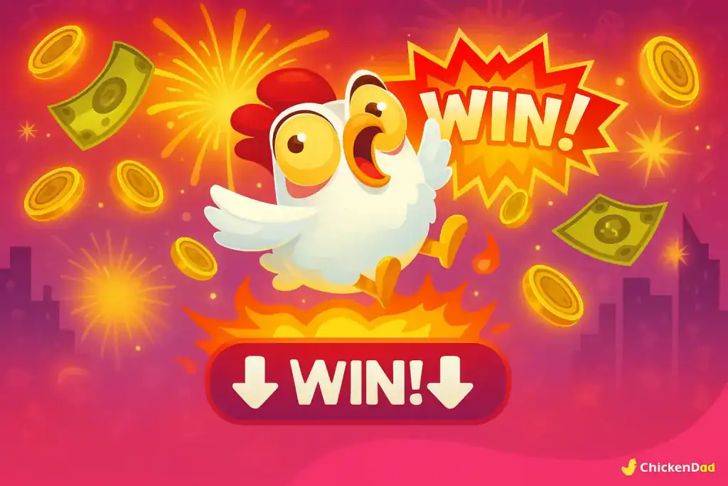 Chicken Road hero sitting on gold with money rain and slot lights